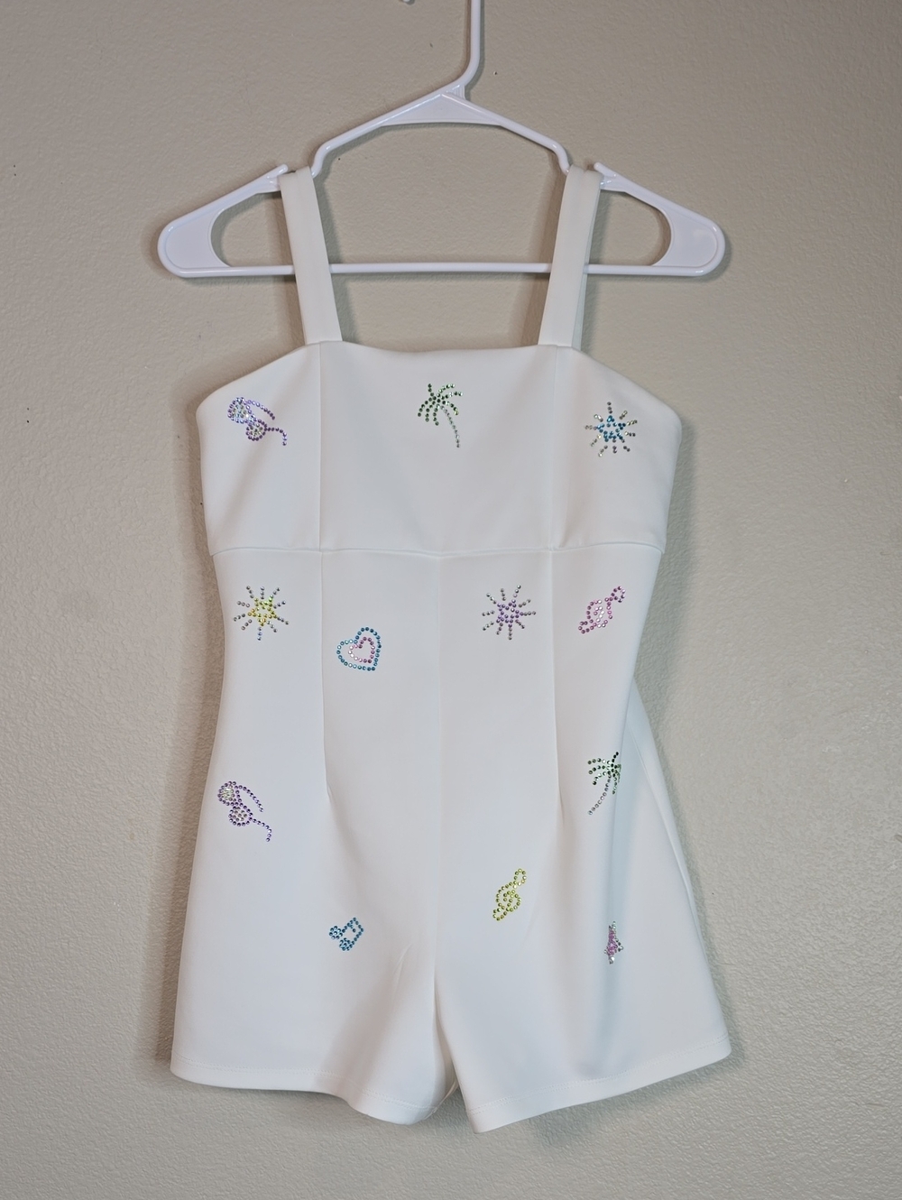 Hannah Banana Scuba White Embellished Romper with Multicolor Rhinestones Size 14